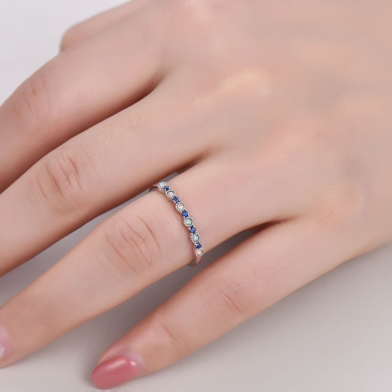 Natural Blue Sapphire 14k White Gold Opal Wedding Ring Stackable Band Dainty Women Engagement Anniversary Gift Bridal Set Jewelry