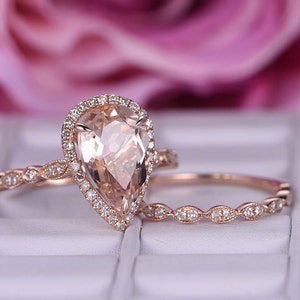 BartUSgem: Tear drop natural morganite engagement ring with diamond halo, art deco diamond wedding stacking ring set.