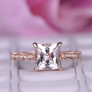 7mm Morganite Engagement Ring Rose Gold Morganite Diamond Bridal Wedding Ring Diamond Stacking Band Art deco Princess Cut Morganite Jewelry