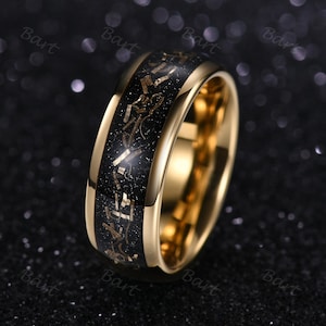8mm Cosmic Gold Space Galaxy Ring Gold Inlay Meteorite Galaxy Ring Black and Gold Tungsten Wedding Band Men&#39;s Polished Obsidian Wedding Band
