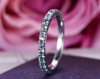Eternity Alexandrite band/Round Cut/14k white gold/Stackable bridal wedding band/Full Eternity Ring/Petite pave anniversary ring/Prongs Set