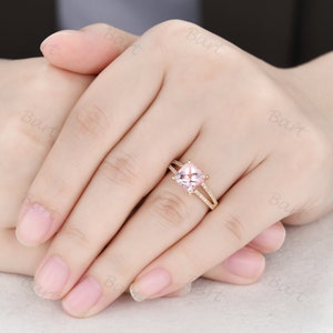 Natural Cushion Cut Pink/Peach Engagement Ring 14k Rose Gold Diamond Split Shank Morganite Diamond Women Bridal Ring Morganite Jewelry Rings image 9
