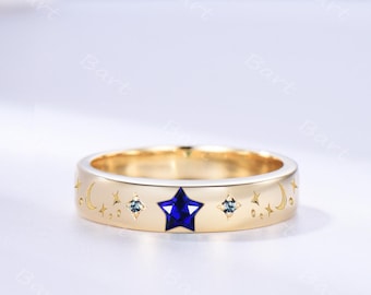 Dainty Star Shape Blue Sapphire Celestial Wedding Band Solid Gold Alexandrite Star Moon Engraved Ring 6mm 3 Family Birthstone Stackable Ring