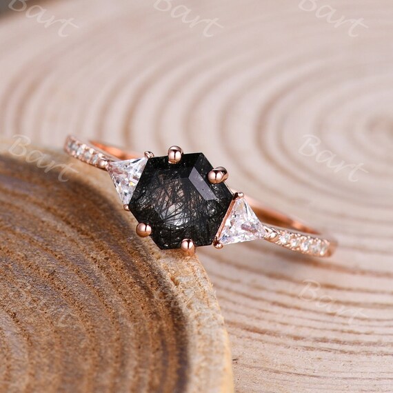 Anillo de cuarzo rutilado negro delicado Corte hexagonal Anillo geometrico de cuarzo negro Moissanite Piedra lateral Anillo de compromiso de cuarzo plateado Aniversario Etsy Mexico