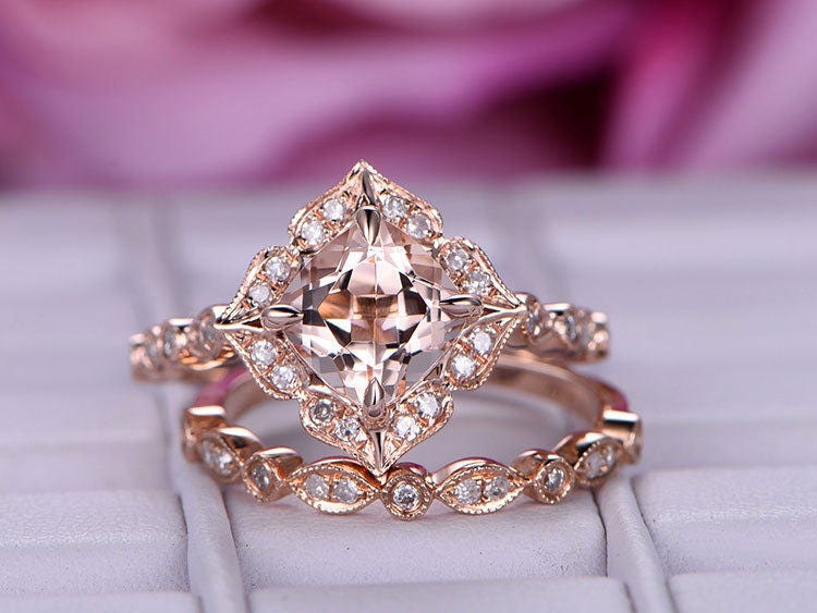 Natural Pink Morganite 14k Rose Gold Engagement Ring Set | Etsy