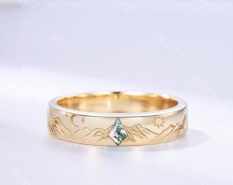 Unique Kite Cut Moss Agate Mountain Landscape Engraved Wedding Band Solid 14k Yellow Gold 4mm Sun Moon Star Celestial Ring for Him and Her
