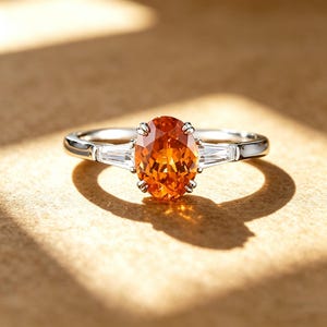 May include: A silver ring featuring an oval-cut, orange gemstone as the centerpiece. Two baguette-cut, clear gemstones flank the main stone. The ring is set against a neutral background, highlighting the jewelry's sparkle and design.