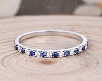 Blue Sapphire Wedding Band: 14k White Gold Moissanite Ring