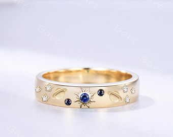6mm Wide Blue Sapphire Sandstone Sun Wedding Band Solid Gold Celestial Star Planet Stack Ring Unique Starry Galaxy Cosmic Anniversary Ring