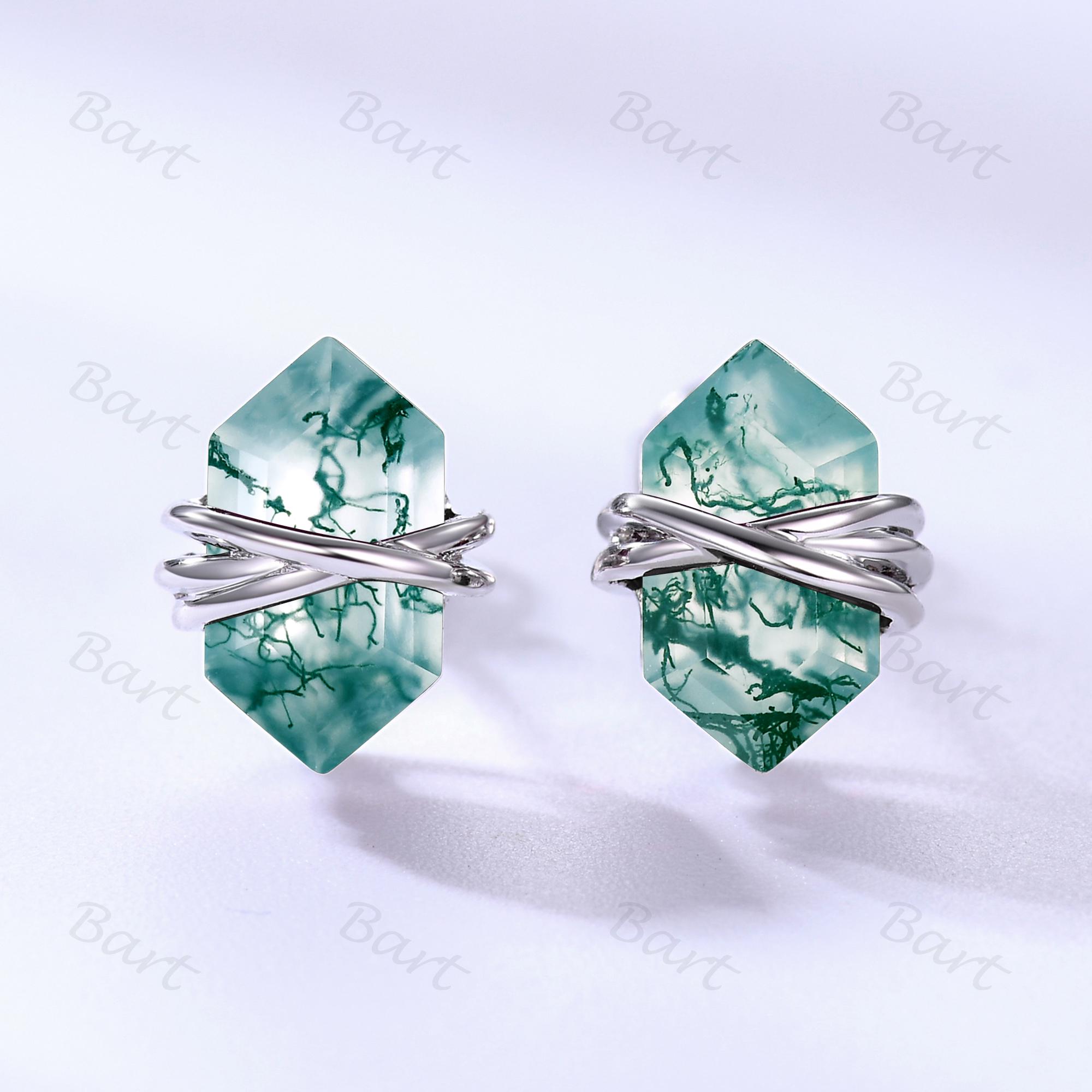 モスアゲートスタッドピアス：シルバーラップヘキサゴンポイント