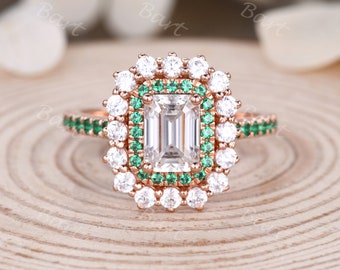 Emerald Cut Moissanite Engagement Ring Art Deco Halo Ring Emerald Wedding Band Vintage Moissanite Bridal Ring Moissanite Handmade Jewelry