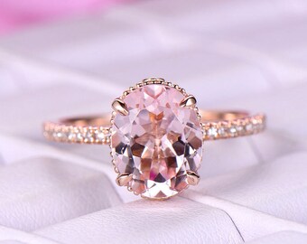 Natural Morganite Engagement Ring Diamond Wedding Band 8x10mm Oval Cut Morganite Bridal Ring 14k Rose Gold Ring For Women Art Deco Setting