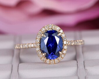 6x8mm Oval Cut Sapphire engagement ring/14k rose gold diamond band/Bridal wedding ring/Birthstone gift/Claw prong/Pave set/Half Eternity
