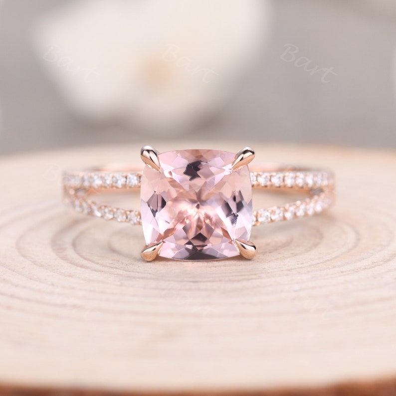 Natural Cushion Cut Pink/Peach Engagement Ring 14k Rose Gold Diamond Split Shank Morganite Diamond Women Bridal Ring Morganite Jewelry Rings Pink Morganite