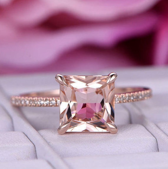 Vintage Princess Cut Pink Morganite Ring: 14k Rose Gold Diamond Halo
