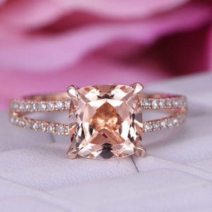 Natural Cushion Cut Pink/Peach Engagement Ring 14k Rose Gold Diamond Split Shank Morganite Diamond Women Bridal Ring Morganite Jewelry Rings