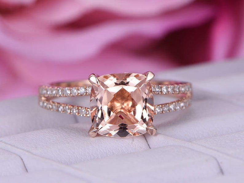 BartUSgem: 8mm Cushion Cut Natural Morganite Engagement Ring, Split Diamond Shank Band, Pink/Peach Natural Morganite Ring For Women, 14k Solid Rose Gold, Anniversary Bridal Ring