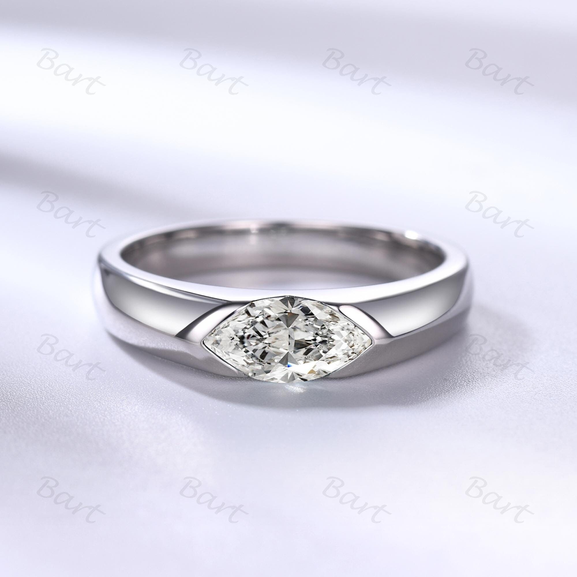 Men's 1ct marquise cut moissanite engagement ring Half bezel east to west moissanite solitaire wedding ring Solitaire Marquise Cut Mens Band