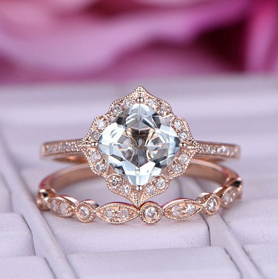 2pcs Aquamarine Engagement ring set/diamond 14k rose gold | Etsy