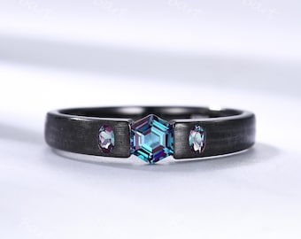 Tension Set Hexagon Alexandrite Black Gold Ring: June Birthstone Wedding Band