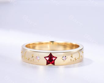 Star Shape Cut Ruby Gold Wedding Band Opal Celestial Star Moon Stack Ring 3 Stones Stackable Ring Cosmic Astrology Anniversary Ring for Her