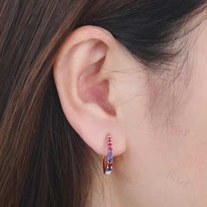 Opal Ruby Sapphire 14k Rose Gold Pave Hoop Earrings, Colorful Birthstone Huggie Hoops for Girl, Dainty Gemstome Small Hoop Huggie Earrings
