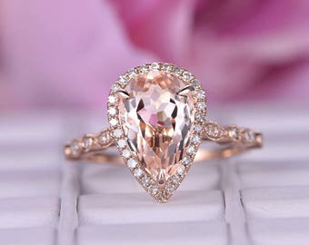 Vintage Pear Cut Natural Morganite Diamond Ring Art Deco Diamond Band Rose Gold 1.8CT Morganite Engagement Stacking Ring Diamond Halo Ring