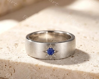 Mens Lapis Lazuli North Star Wedding Band 6mm Wide Silver White Gold Brushed Finish Unique Compass Celestial Ring Gift for Him