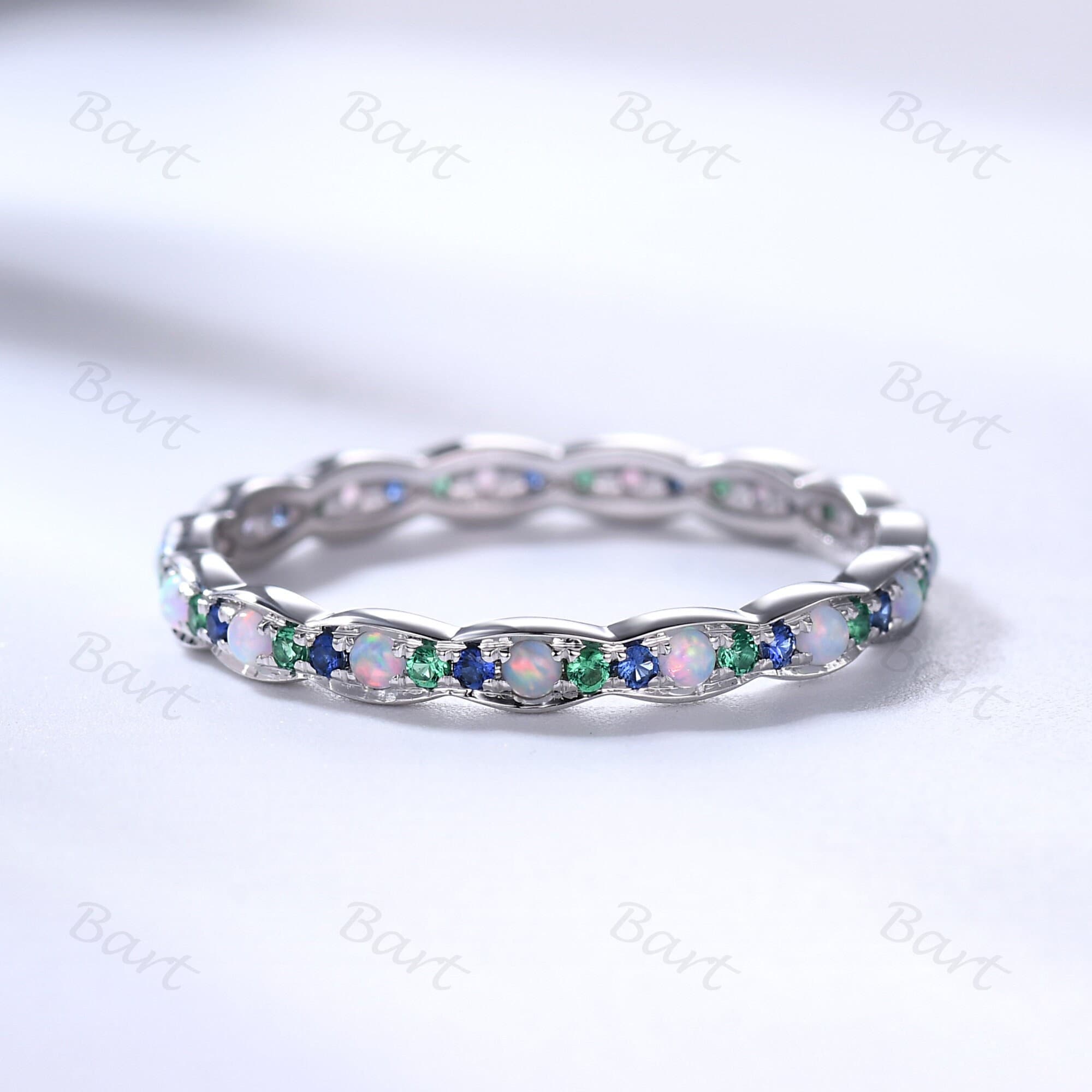 Family Birthstone Mothers Ring, October Birthstone Band, Triple Marquise Birthstone Ring Opal Emerald Sapphire Dainty Eternity Marquise Ring