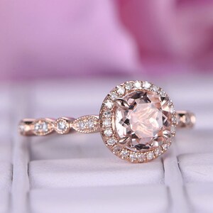 Natural Morganite Ring Diamond Halo 14k Rose Gold Promise Bridal Ring Art Deco Diamond Wedding Band Anniversary Gift For Her Bridal Ring