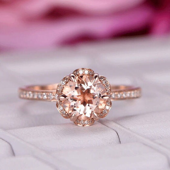 7mm Round Cut Morganite Engagement ring/14k Rose gold diamond | Etsy