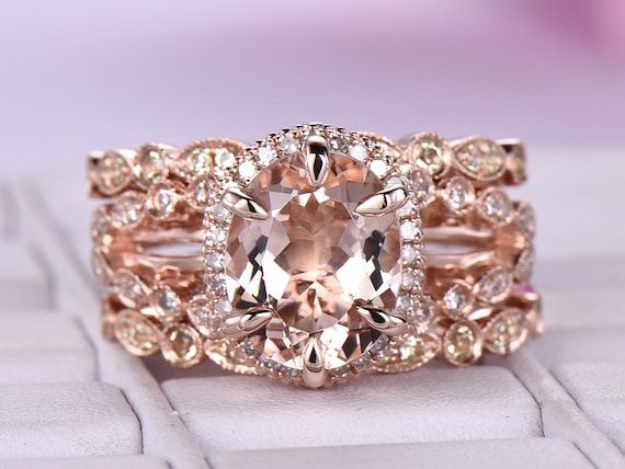 Oval Morganite Engagement Ring Set: Rose Gold Diamond Halo, Art Deco  Peridot Band