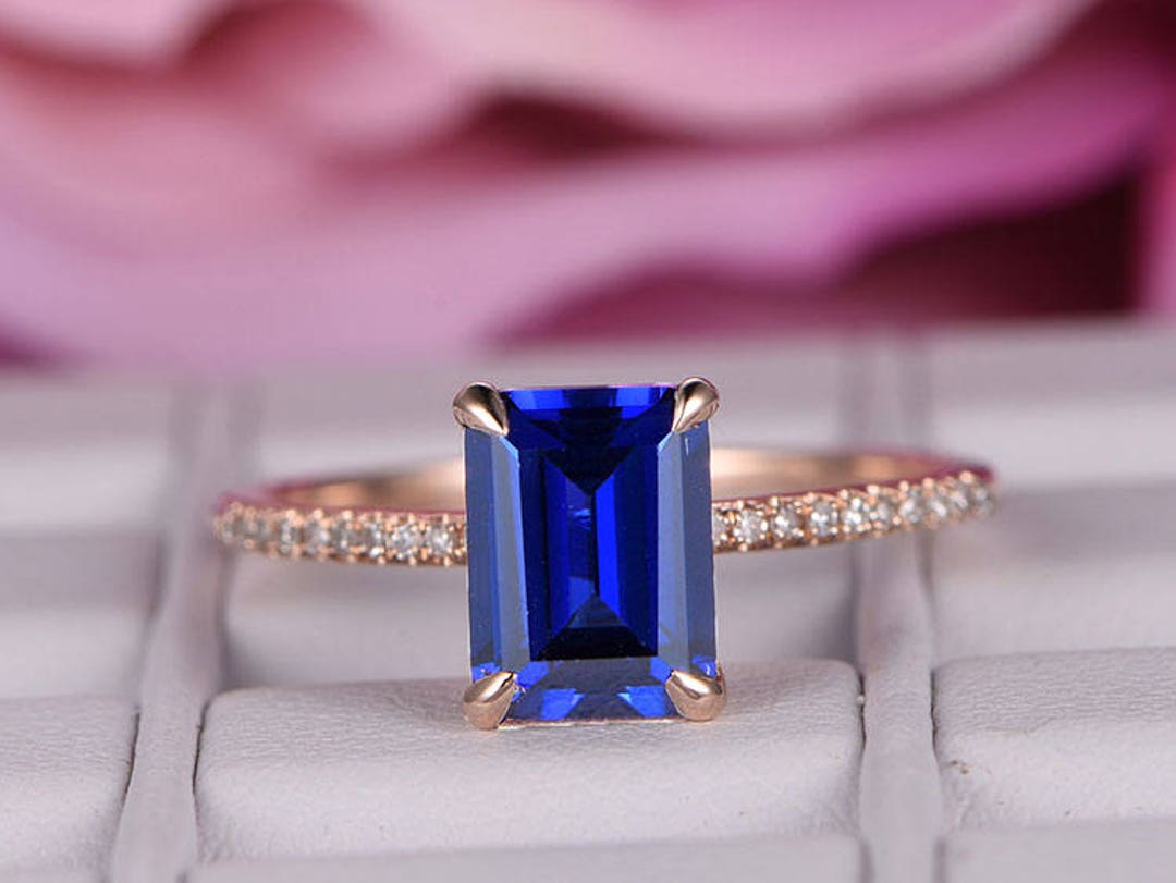 2CT Emerald Cut Blue Sapphire Bridal Ring 14K Rose Gold Etsy