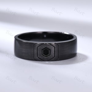 Hexagon cut black onyx men&#39;s wedding band Gothic black gold onyx men engagement ring Matte Finish Band Retro Brushed Hexagon Black Onyx Ring