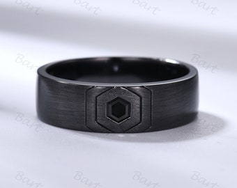 Hexagon cut black onyx men&#39;s wedding band Gothic black gold onyx men engagement ring Matte Finish Band Retro Brushed Hexagon Black Onyx Ring