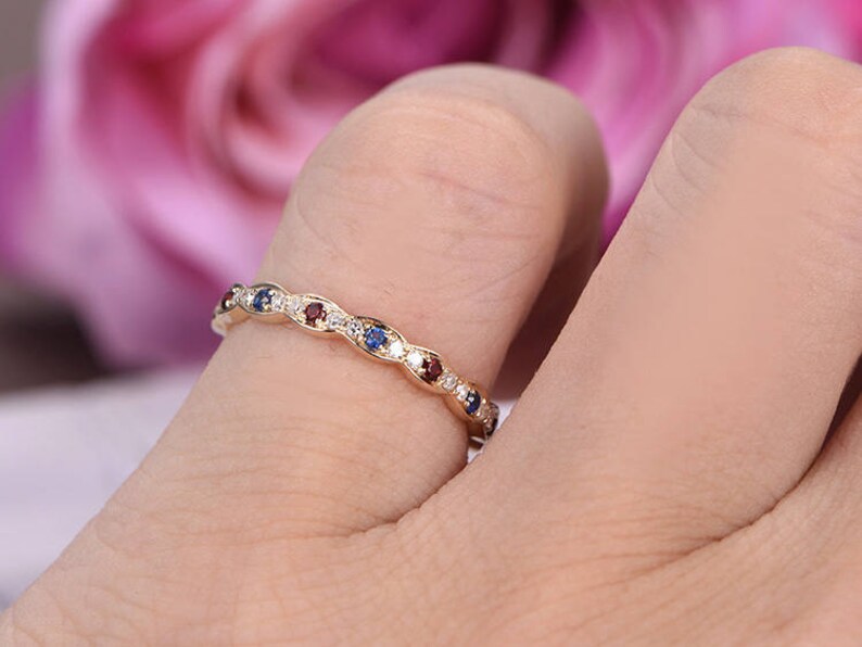 Moissanite Blue Sapphire Garnet Wedding Ring Band 14k Rose Gold Full Eternity Stacking Matching Jewelry Birthstone Promise Anniversary