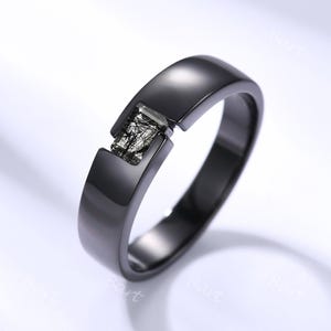 6mm Black Band Black Gold Emerald-cut Black Quartz Wedding Ring Solitaire Rutilated Quartz Men&#39;s Engagement Ring Polished Men&#39;s Wedding band
