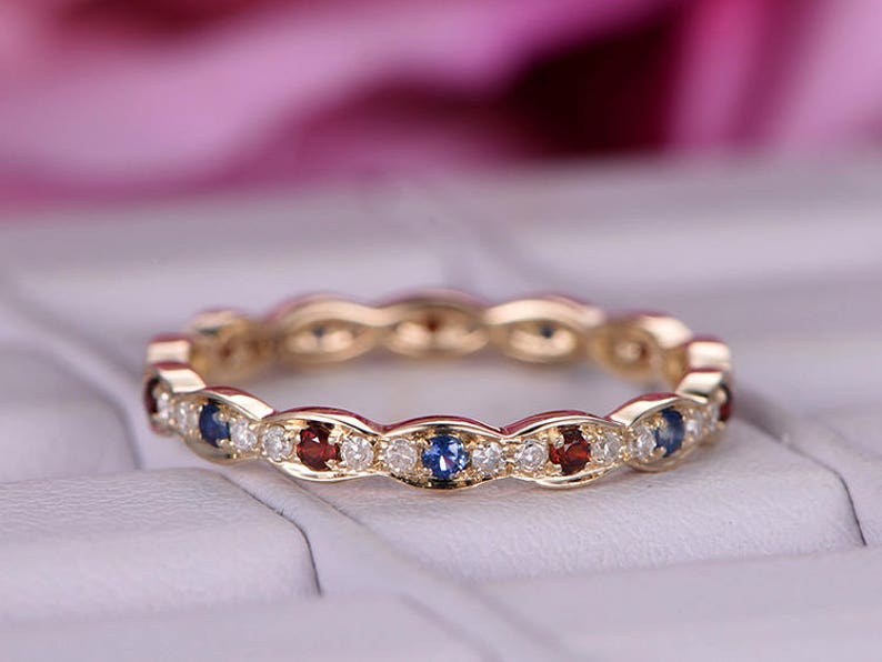 Moissanite Blue Sapphire Garnet Wedding Ring Band 14k Rose Gold Full Eternity Stacking Matching Jewelry Birthstone Promise Anniversary