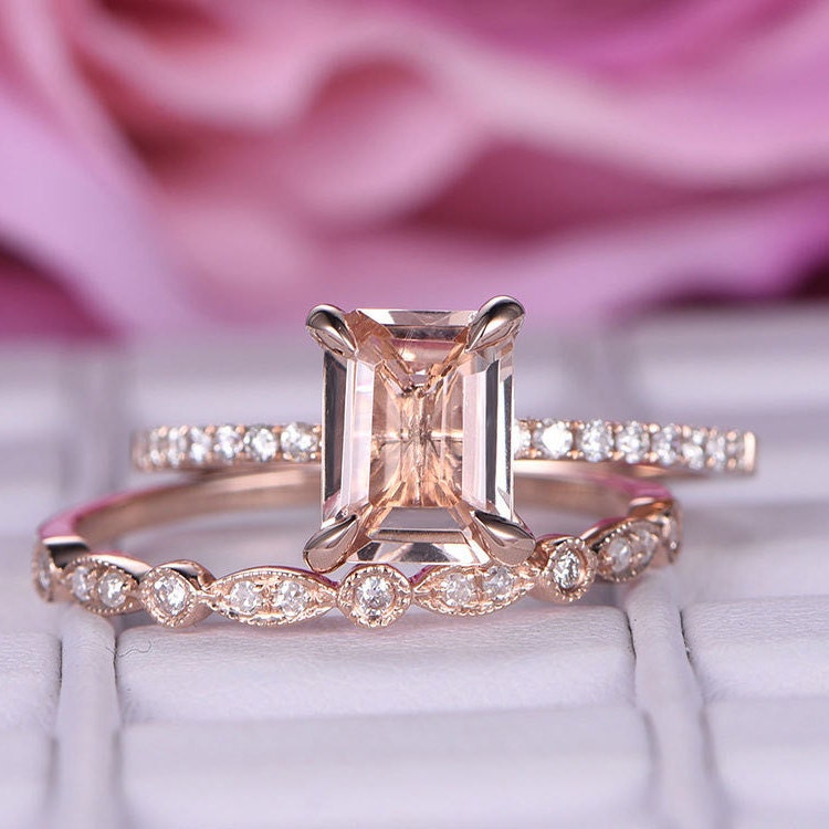 2 pcs 6x8mm Morganite wedding ring set/Diamond Engagement ring | Etsy