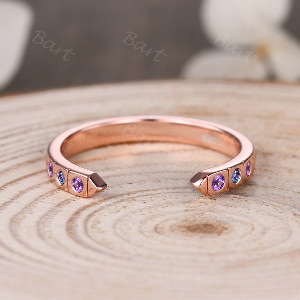 Open Gap Amethyst & Alexandrite Wedding Ring, Sterling Silver Birthstone Open Gap Ring 14k rose gold open gap band with amethyst alexandrite