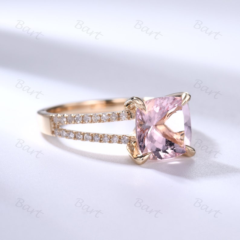 Natural Cushion Cut Pink/Peach Engagement Ring 14k Rose Gold Diamond Split Shank Morganite Diamond Women Bridal Ring Morganite Jewelry Rings image 7