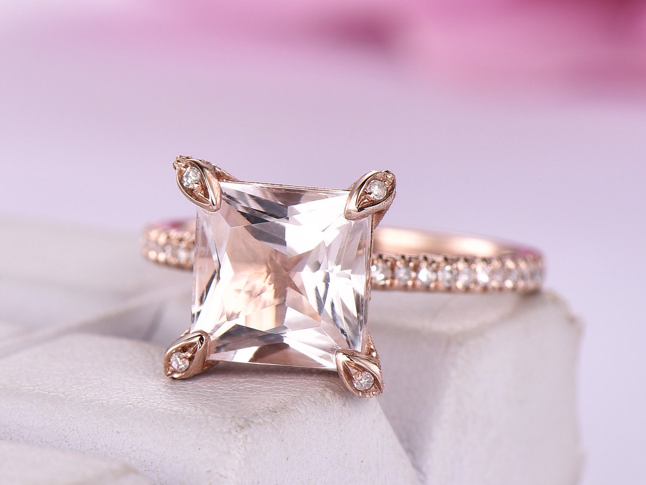 8mm Princess Cut Morganite Engagement Ring/Diamond wedding | Etsy