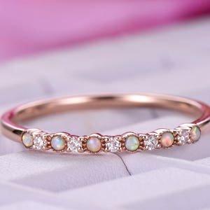 Opal Diamond 14k Rose Gold Wedding Engagement Ring Art Deco Antique Women Band Dainty Bridal Set Birthstone Anniversary Gift for Her