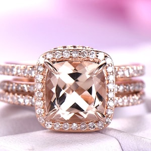 2.35 Carat Cushion Cut Morganite Ring Set: Rose Gold Diamond Halo, Bridal Jewelry