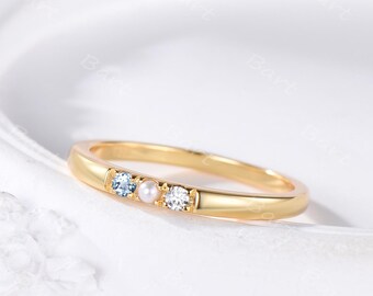 2mm Aquamarine Pearl Moissanite Wedding Band Solid Gold 3 Family Birthstone Stacking Ring Minimalist Personalized 3 Gemstone Ring for Her