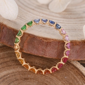 Scalloped Pave Rainbow Sapphire Eternity Band Dainty Ombre Gemstone Jewelry Queer Bar Beaded Colorful Band Daughter Gift Anniversary Ring