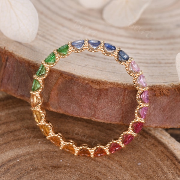 Scalloped Pave Rainbow Sapphire Eternity Band Dainty Ombre Gemstone Jewelry Queer Bar Beaded Colorful Band Daughter Gift Anniversary Ring