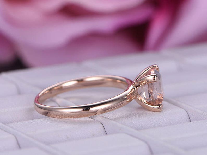 BartUSgem- 7mm Cushion Cut Natural Morganite Ring in 14k Solid Rose Gold, Plain Gold Band, Prong Set, 1.65ct Pink/Peach Morganite Engagement Ring, Women Daily Ring