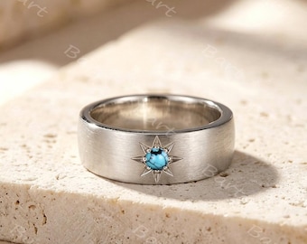 Mens Turquoise Celestial North Star Wedding Band Silver White Gold 6mm Wide Unique Compass Brushed Ring December Birthstone Gift for Him
