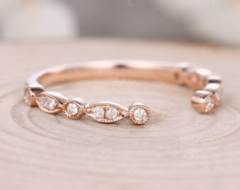 Diamond/Moissanite Rose Gold Gap Open Wedding Band Engagement Ring Half Eternity Stackable Matching Band Unique Women Bridal Anniversary